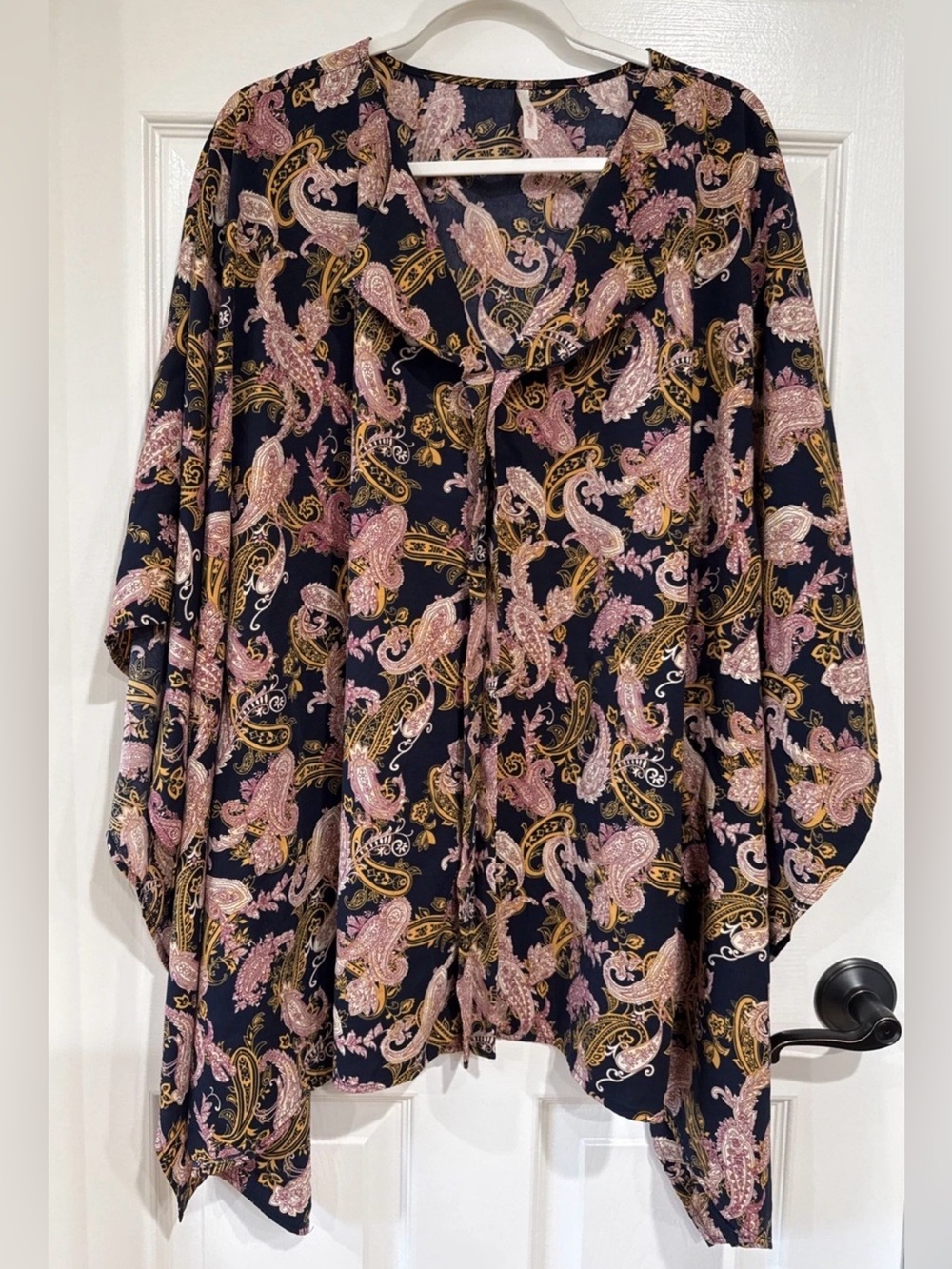 My Story Women's S Poncho Style Blouse Paisley Navy Multi Flowy Boho Lagenlook